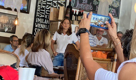 Rep. Maria Elvira Salazar (R-FL) speaks with members of the public at Milanezza Kitchen Bar Market in Key Biscayne on October 8, 2022. Photo by Matthew Bunch.