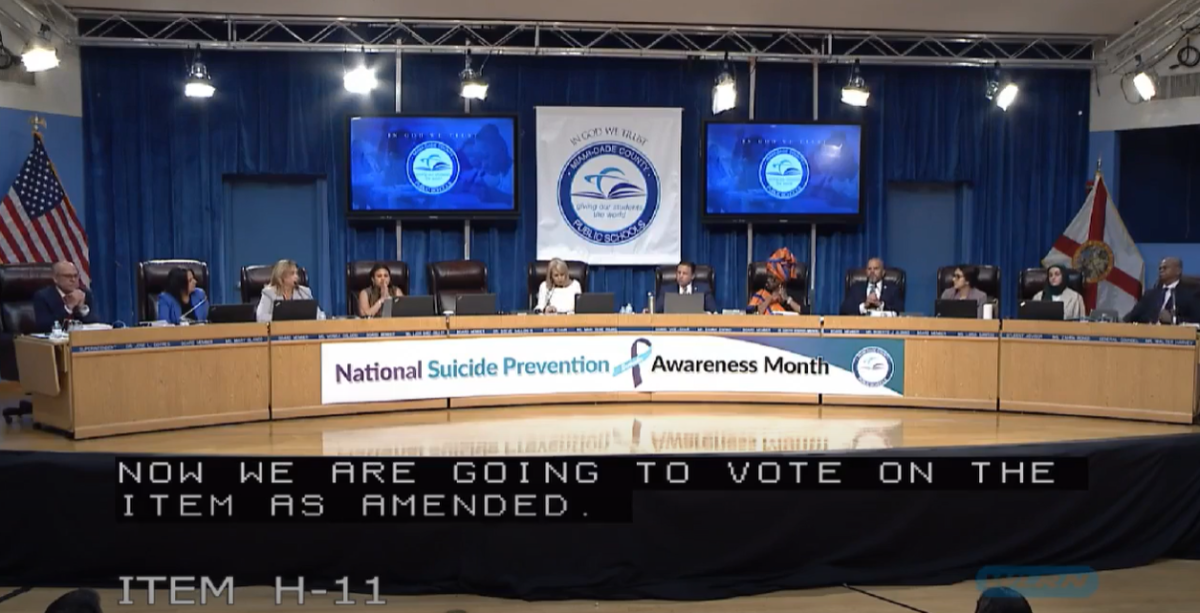 The Miami-Dade County School Board prepares to vote on item H-11, an acknowledgement of LGBTQ+ History Month. The vote failed. Via MDCPS Board live stream.