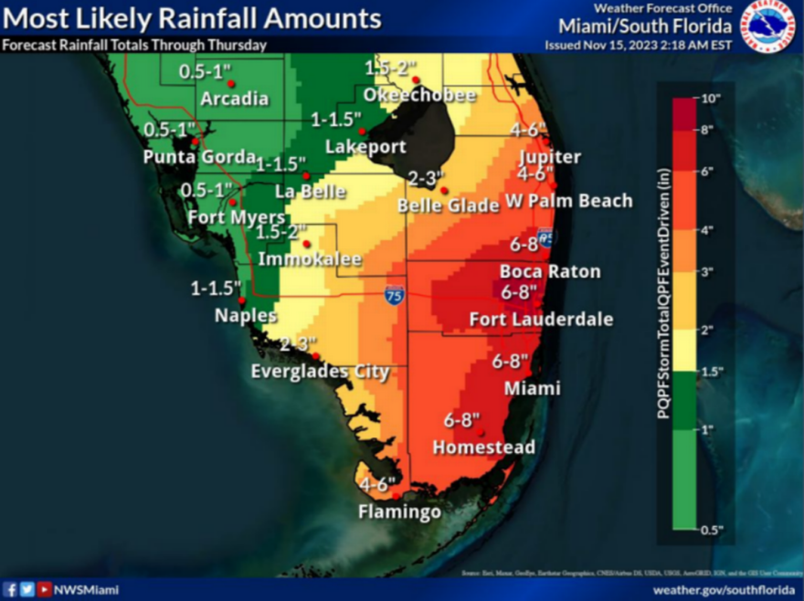 Projected rain amount for South Florida during the "no-name" storm. Via National Weather Service.