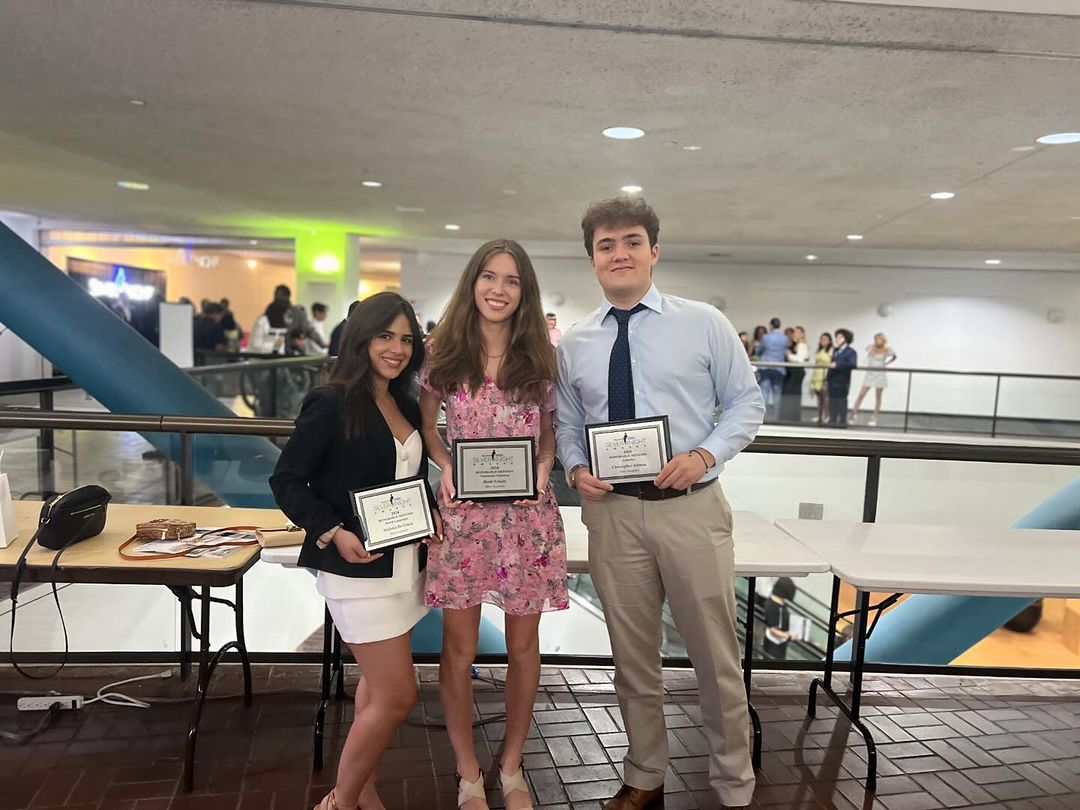 From left: Stefania DaGraca (world languages), Heidi Schultz (vocational-technical) and Christopher Aleman (athletics) pose after the Silver Knight ceremony. All three won Honorable Mention in their categories. Not pictured is Kush Mirchandani (visual arts). Photo via MAST Academy Instagram.