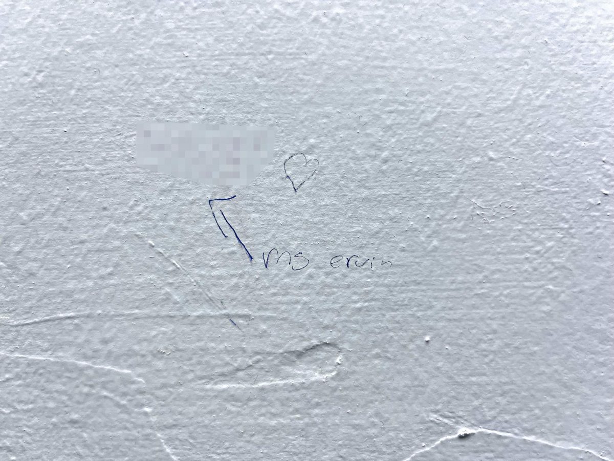 Writing on the wall of the third-floor west bathroom. The slur has been blurred out. Photo via Ms. Ervin.